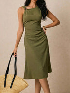 Asymmetrical Neck Ruched Midi Dress for Women – Bodycon Party Dress - Sundrift
