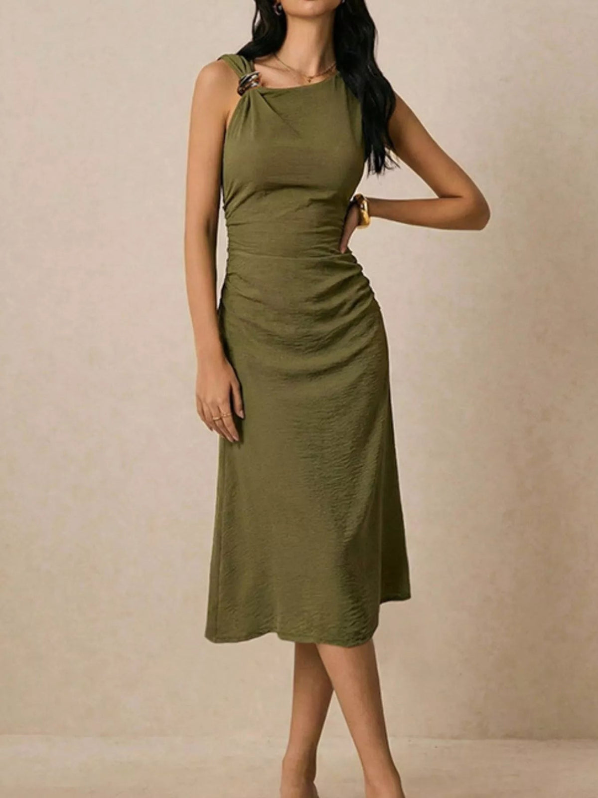 Asymmetrical Neck Ruched Midi Dress for Women – Bodycon Party Dress - Sundrift