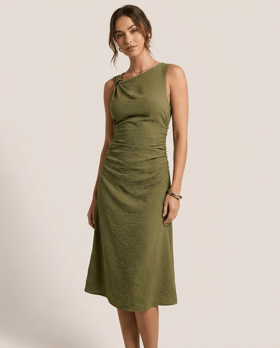 Asymmetrical Neck Ruched Midi Dress for Women – Bodycon Party Dress - Sundrift