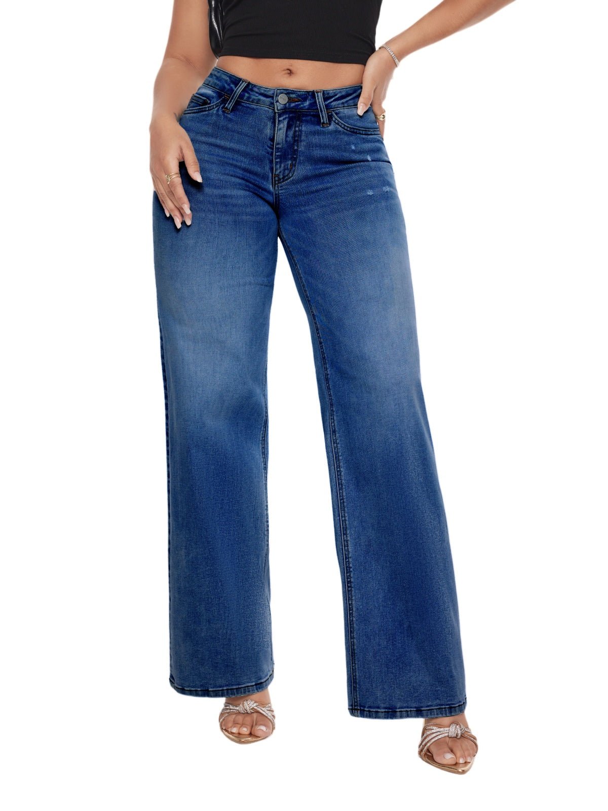 Baggy Wide Leg BBL Jeans for Women – Mid Low Rise Distressed Stretch Denim - Sundrift