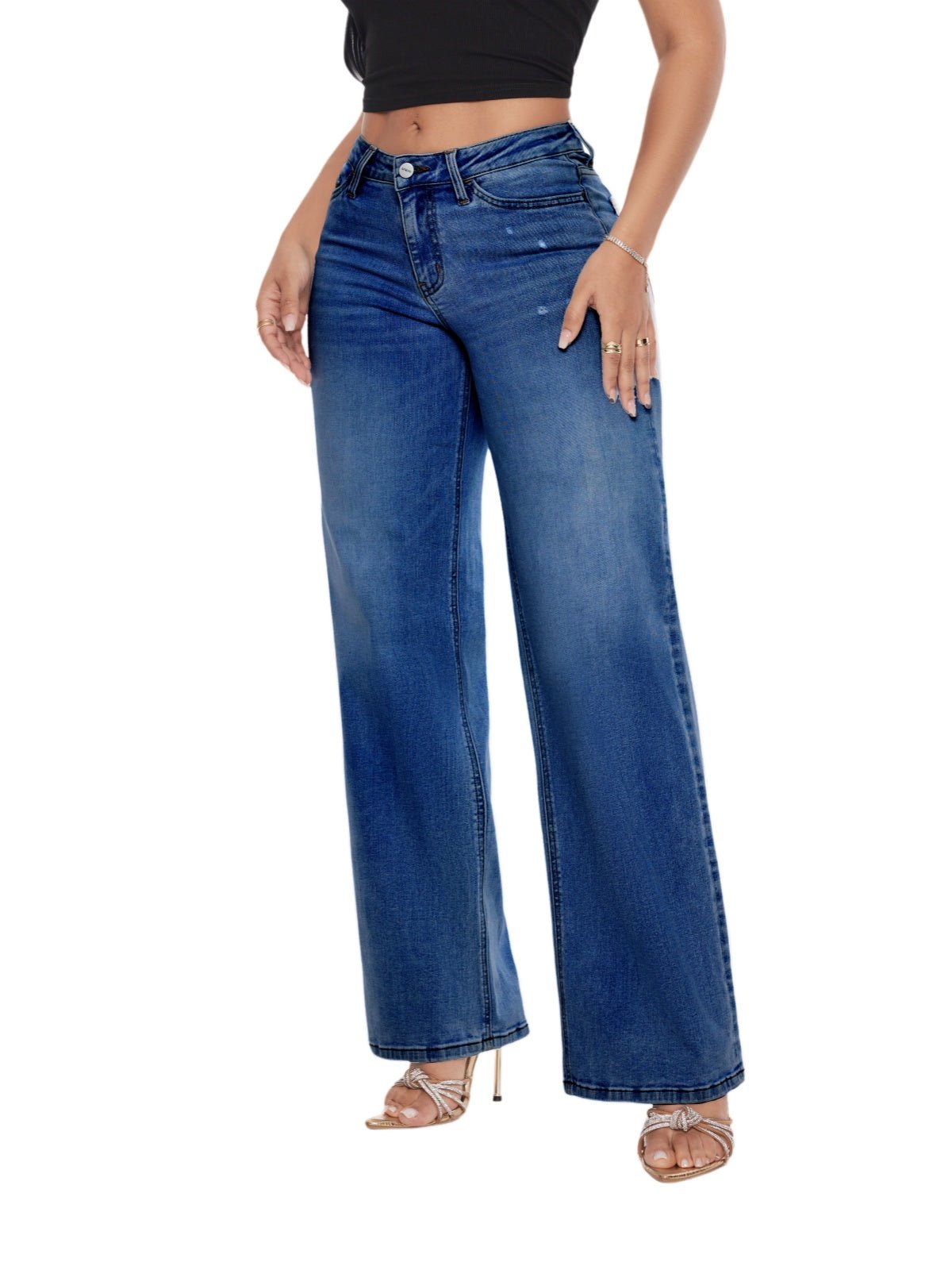 Baggy Wide Leg BBL Jeans for Women – Mid Low Rise Distressed Stretch Denim - Sundrift