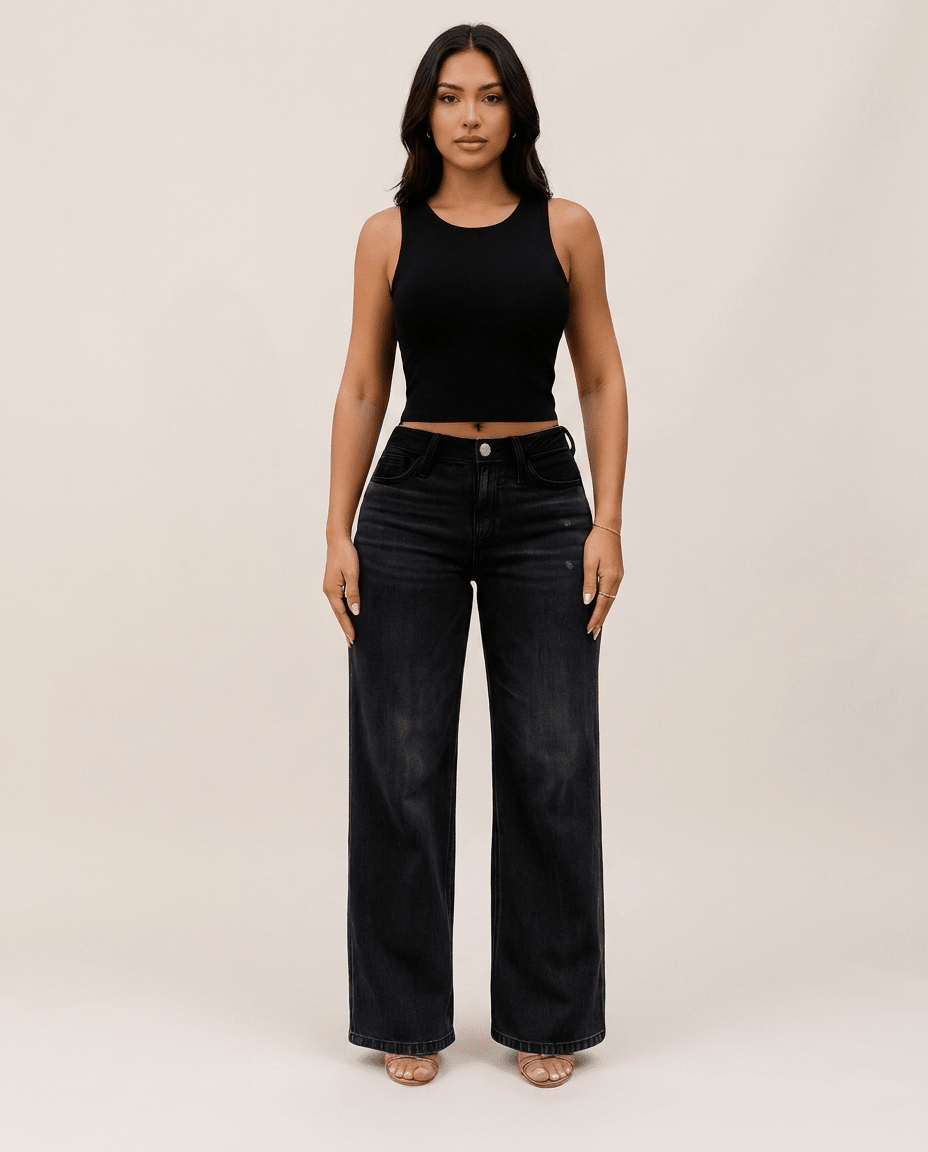 Black Wide Leg BBL Jeans for Women – Mid Low Rise Baggy Stretch Denim - Sundrift