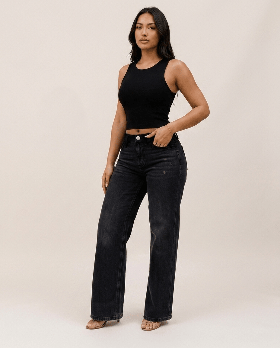 Black Wide Leg BBL Jeans for Women – Mid Low Rise Baggy Stretch Denim - Sundrift