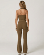 Brown Activewear Set for Women – Vest Top & Flared Leggings with Built-In Bra - Sundrift