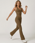Brown Activewear Set for Women – Vest Top & Flared Leggings with Built-In Bra - Sundrift