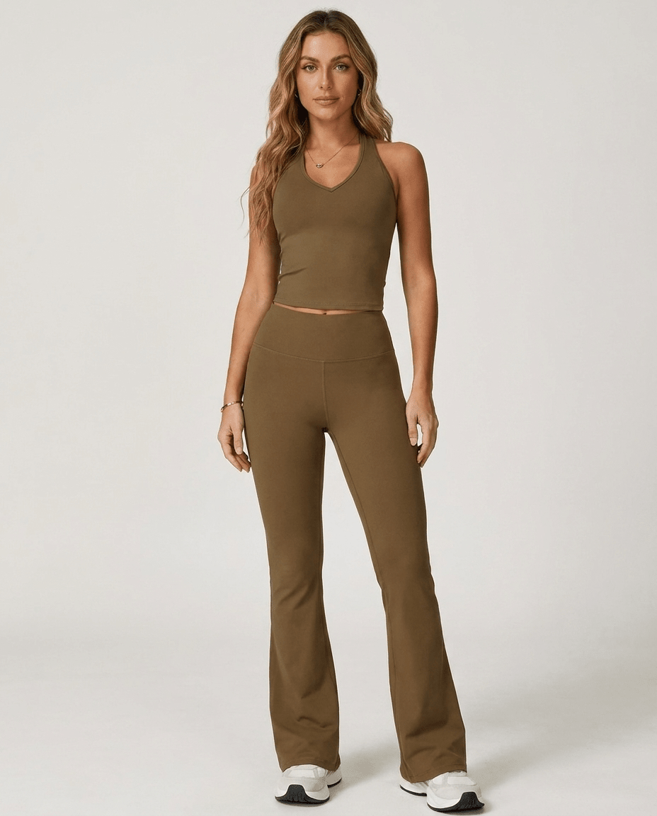 Brown Activewear Set for Women – Vest Top & Flared Leggings with Built-In Bra - Sundrift