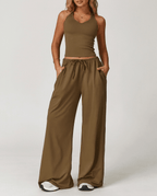Brown Activewear Set for Women – Vest Top & Flared Leggings with Built-In Bra - Sundrift