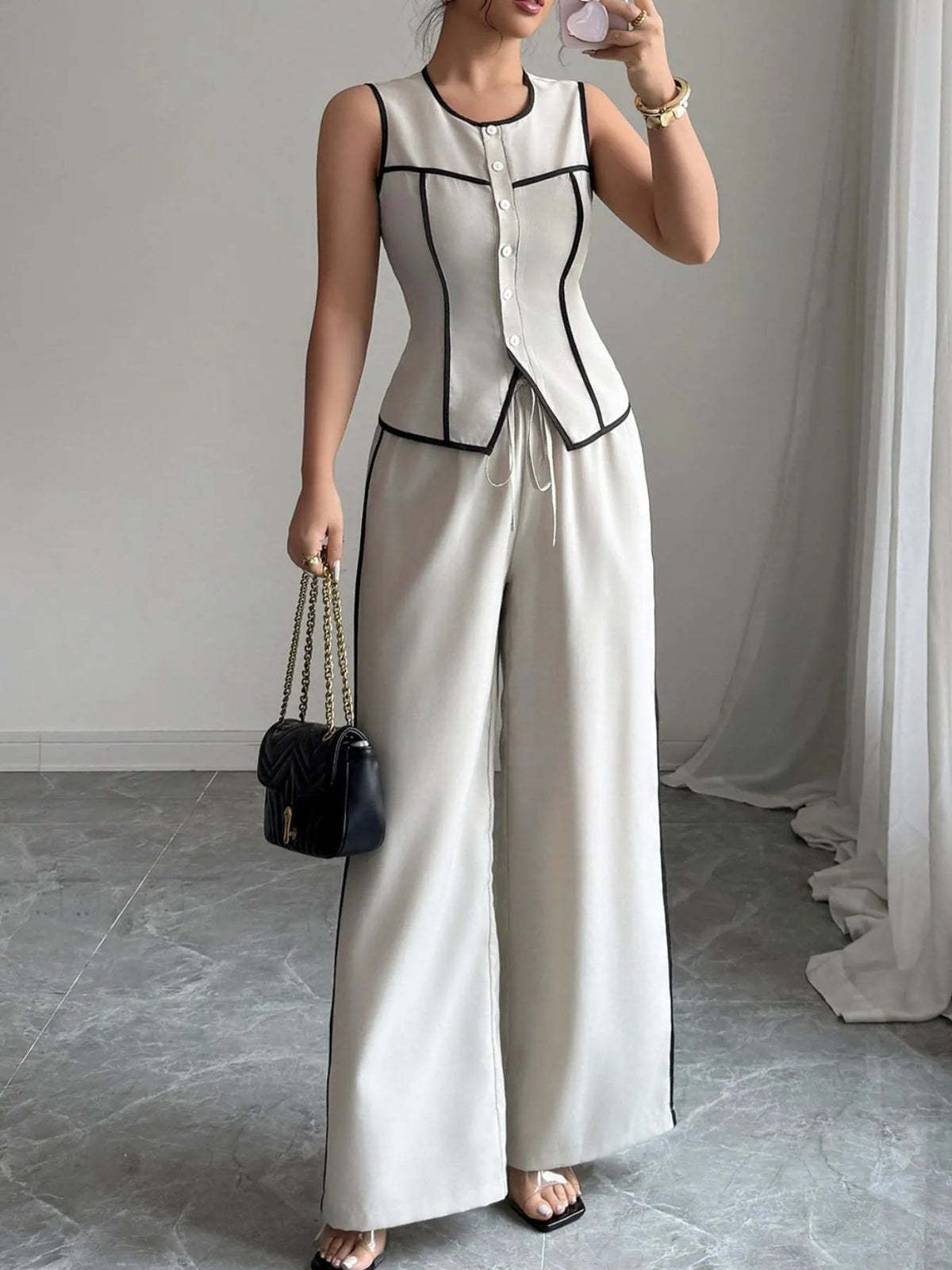 Contrast Piping Top & Wide Leg Pants Set for Women – Two Piece Lounge Outfit - Sundrift