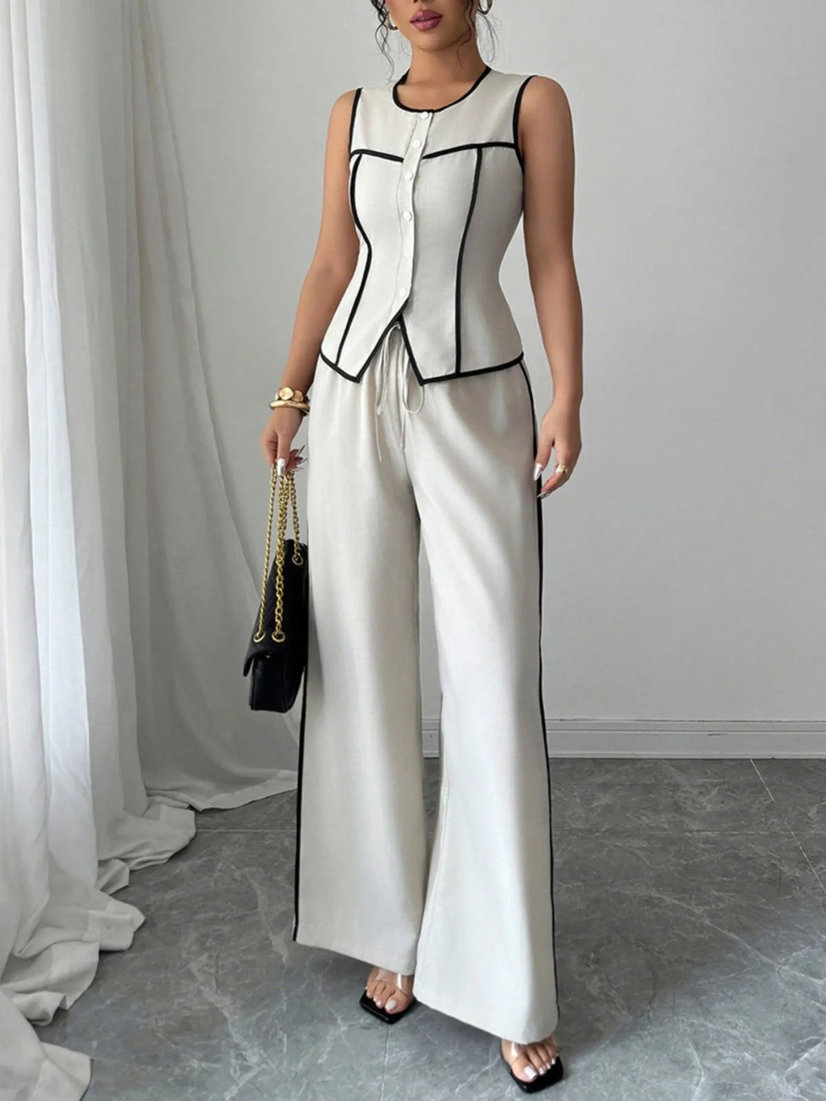 Contrast Piping Top & Wide Leg Pants Set for Women – Two Piece Lounge Outfit - Sundrift