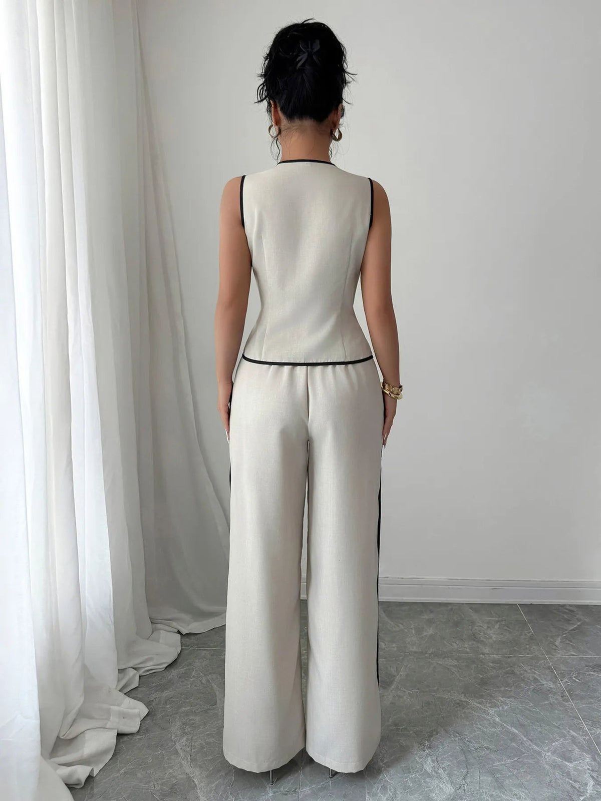 Contrast Piping Top & Wide Leg Pants Set for Women – Two Piece Lounge Outfit - Sundrift