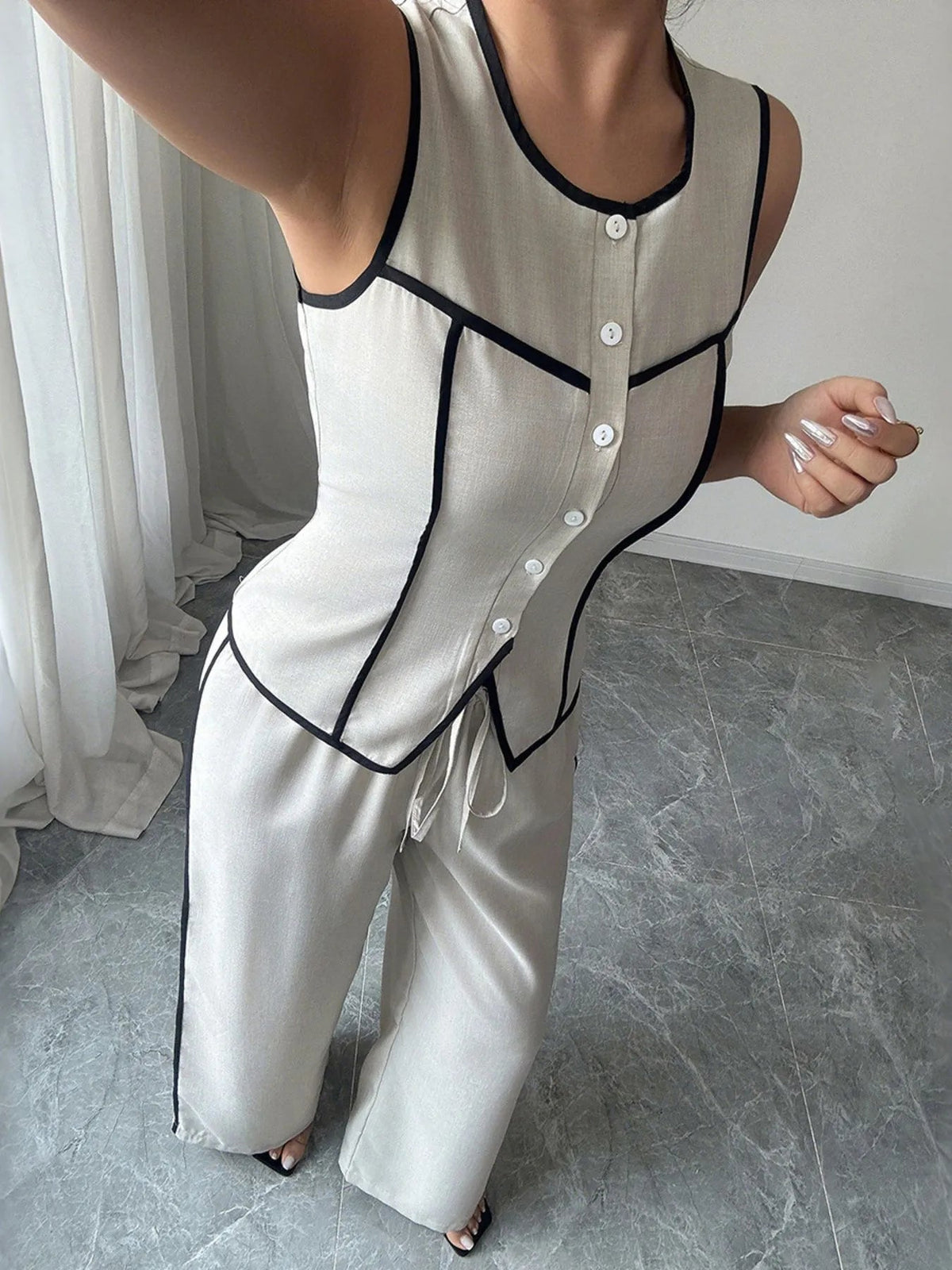 Contrast Piping Top & Wide Leg Pants Set for Women – Two Piece Lounge Outfit - Sundrift