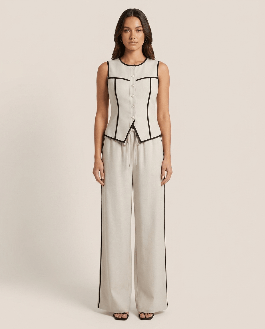 Contrast Piping Top & Wide Leg Pants Set for Women – Two Piece Lounge Outfit - Sundrift