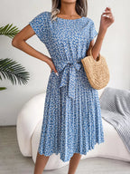 Floral Pleated Midi Dress for Women – Belted Summer Dress with Print - Sundrift