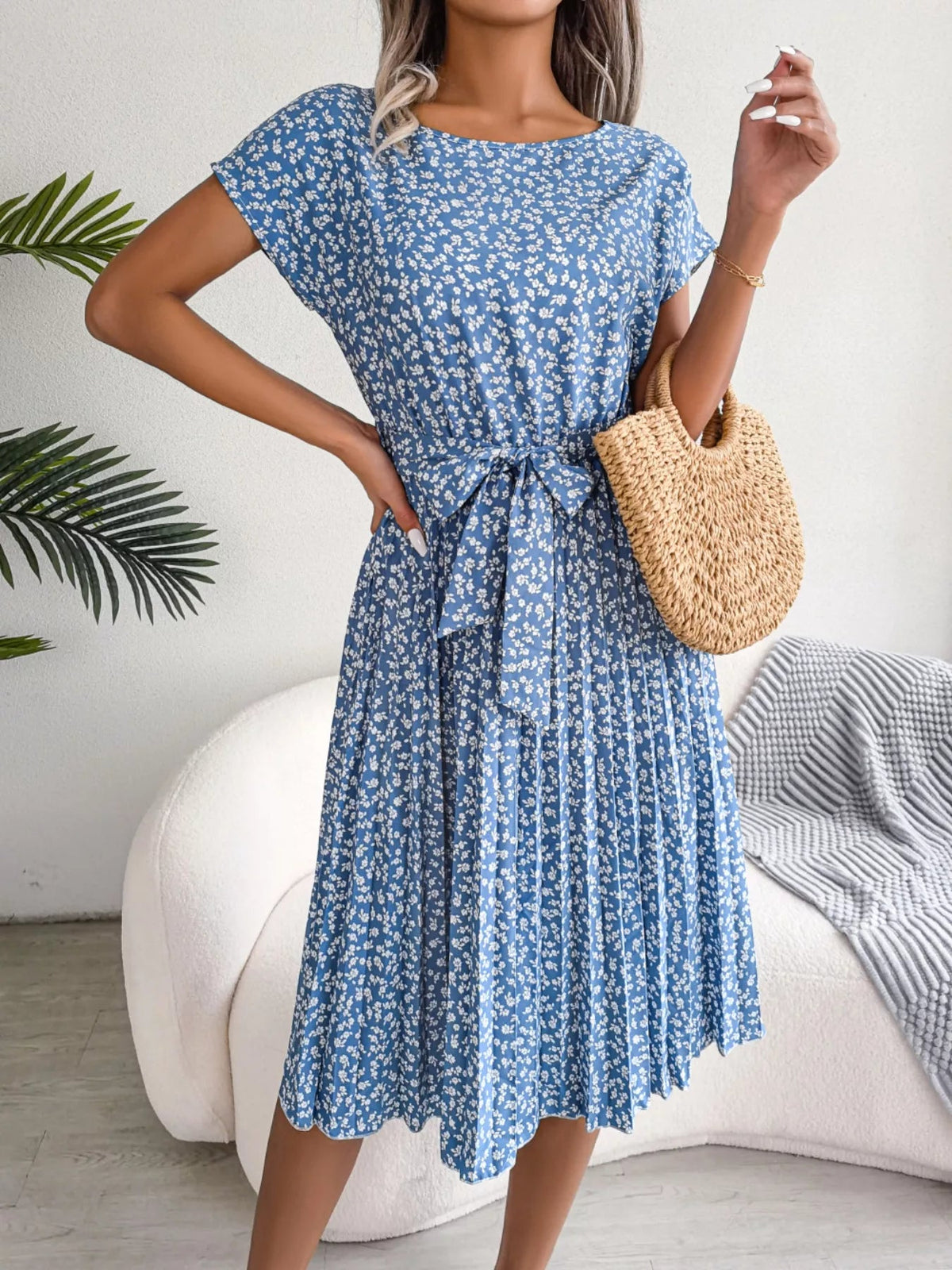 Floral Pleated Midi Dress for Women – Belted Summer Dress with Print - Sundrift