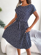 Floral Pleated Midi Dress for Women – Belted Summer Dress with Print - Sundrift