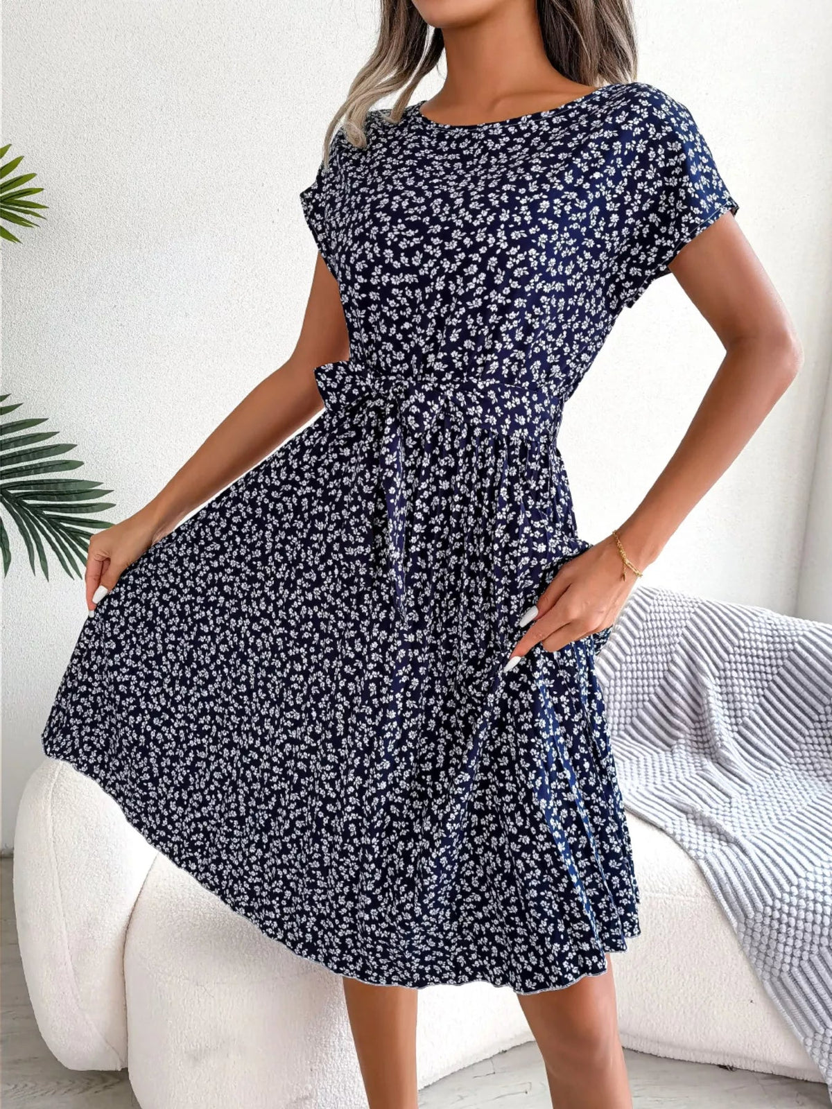 Floral Pleated Midi Dress for Women – Belted Summer Dress with Print - Sundrift
