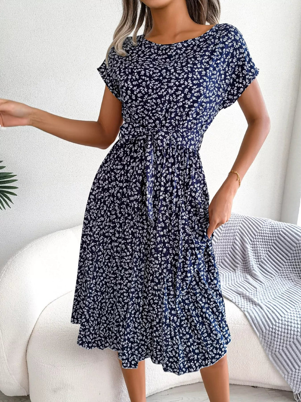 Floral Pleated Midi Dress for Women – Belted Summer Dress with Print - Sundrift