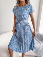 Floral Pleated Midi Dress for Women – Belted Summer Dress with Print - Sundrift