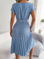 Floral Pleated Midi Dress for Women – Belted Summer Dress with Print - Sundrift