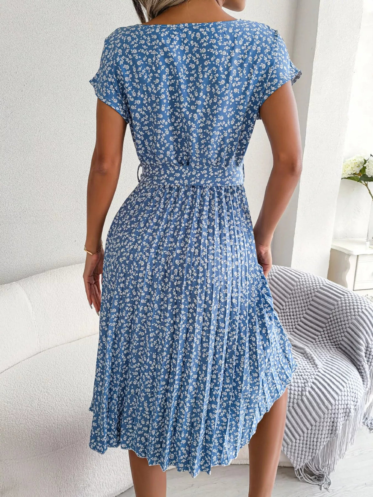 Floral Pleated Midi Dress for Women – Belted Summer Dress with Print - Sundrift