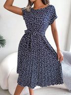 Floral Pleated Midi Dress for Women – Belted Summer Dress with Print - Sundrift