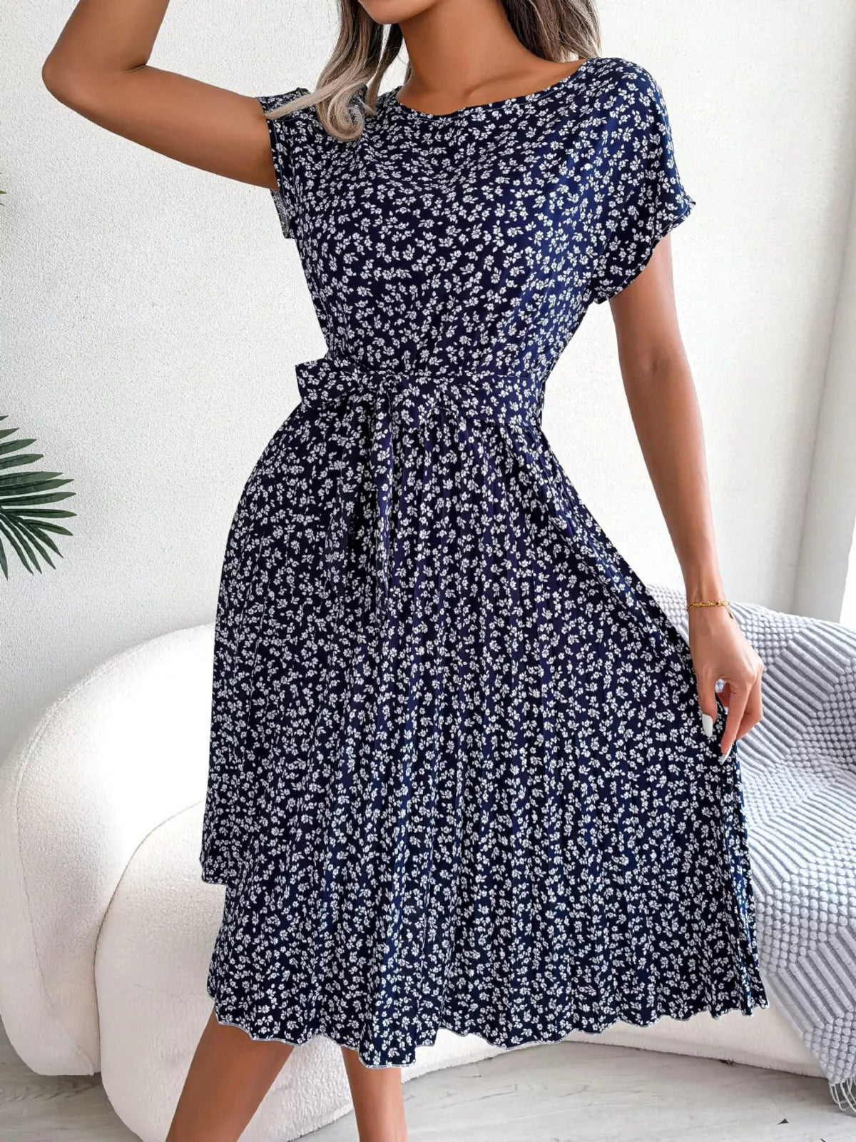 Floral Pleated Midi Dress for Women – Belted Summer Dress with Print - Sundrift