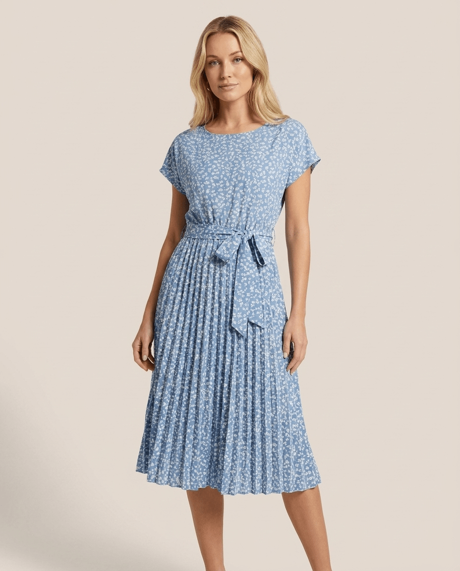 Floral Pleated Midi Dress for Women – Belted Summer Dress with Print - Sundrift
