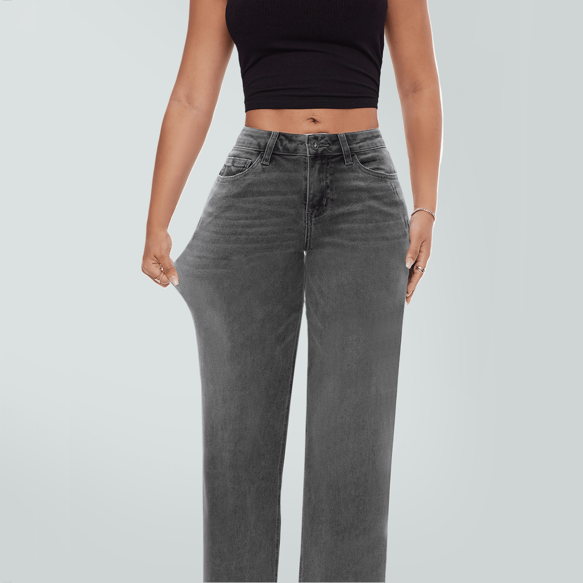 Gray Wide Leg BBL Jeans for Women – Stretchy Mid Low Rise Baggy Mom Jeans - Sundrift