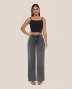 Gray Wide Leg BBL Jeans for Women – Stretchy Mid Low Rise Baggy Mom Jeans - Sundrift