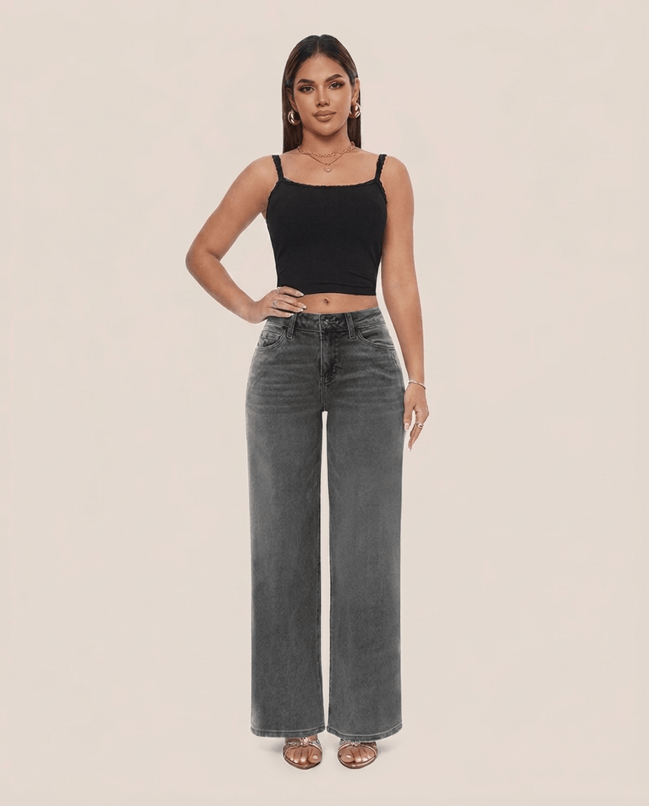 Gray Wide Leg BBL Jeans for Women – Stretchy Mid Low Rise Baggy Mom Jeans - Sundrift
