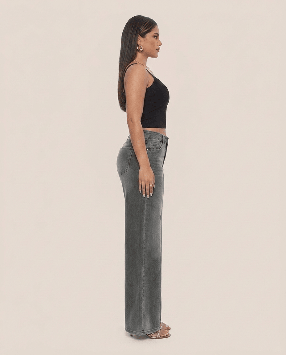 Gray Wide Leg BBL Jeans for Women – Stretchy Mid Low Rise Baggy Mom Jeans - Sundrift
