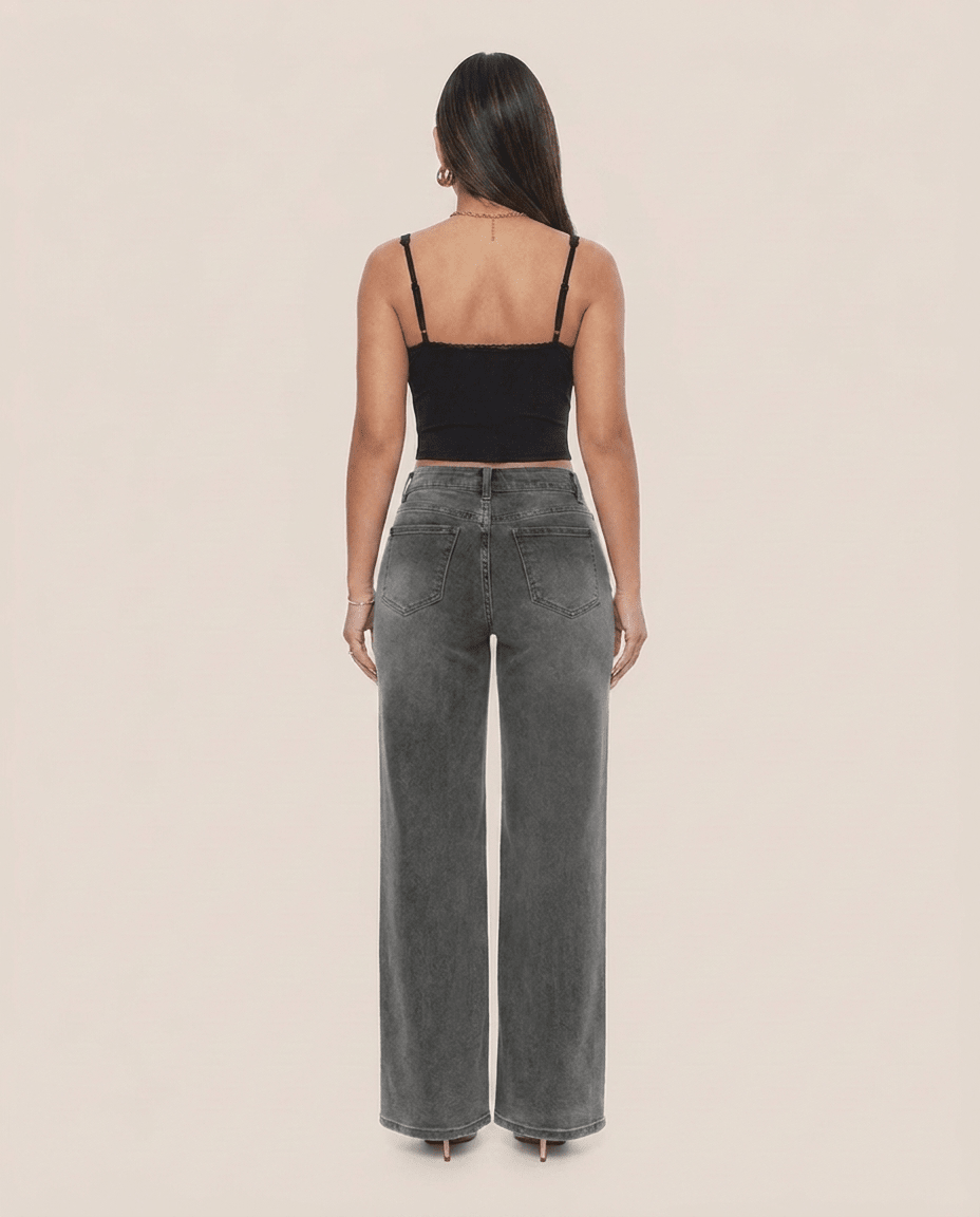 Gray Wide Leg BBL Jeans for Women – Stretchy Mid Low Rise Baggy Mom Jeans - Sundrift