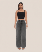 Gray Wide Leg BBL Jeans for Women – Stretchy Mid Low Rise Baggy Mom Jeans - Sundrift