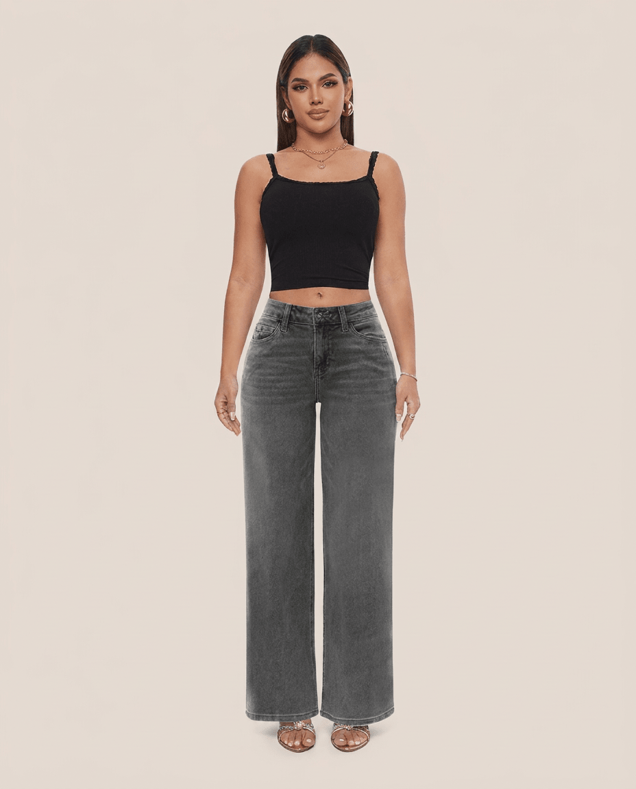 Gray Wide Leg BBL Jeans for Women – Stretchy Mid Low Rise Baggy Mom Jeans - Sundrift