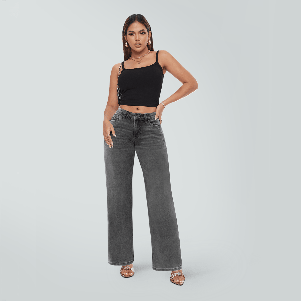 Gray Wide Leg BBL Jeans for Women – Stretchy Mid Low Rise Baggy Mom Jeans - Sundrift