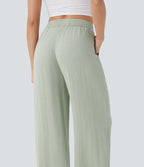 High Waist Wide Leg Linen Look Pants for Women – Drawstring Casual Trousers - Sundrift