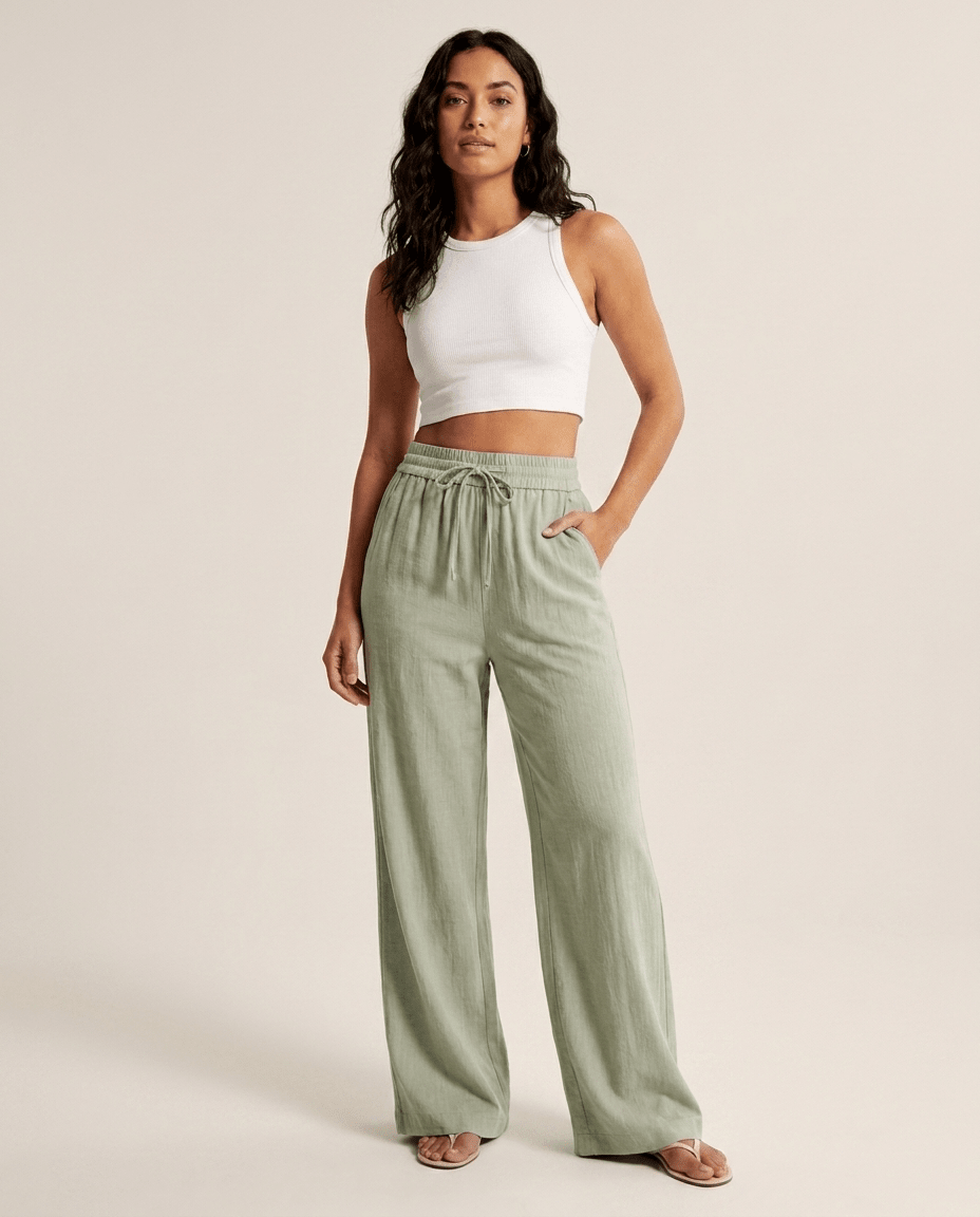 High Waist Wide Leg Linen Look Pants for Women – Drawstring Casual Trousers - Sundrift