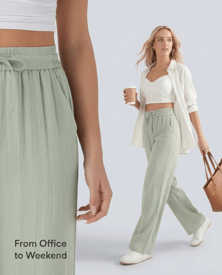 High Waist Wide Leg Linen Look Pants for Women – Drawstring Casual Trousers - Sundrift