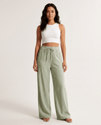 High Waist Wide Leg Linen Look Pants for Women – Drawstring Casual Trousers - Sundrift
