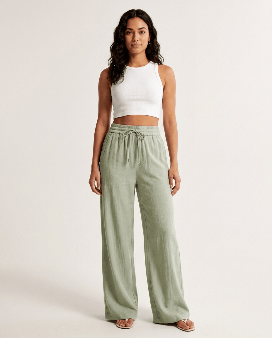 High Waist Wide Leg Linen Look Pants for Women – Drawstring Casual Trousers - Sundrift