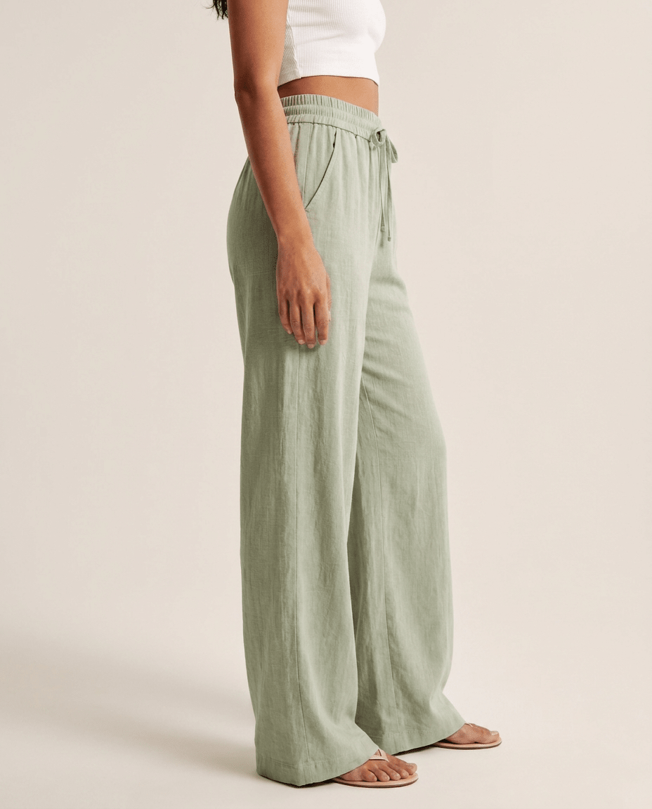 High Waist Wide Leg Linen Look Pants for Women – Drawstring Casual Trousers - Sundrift