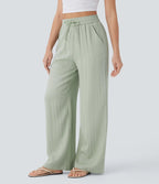 High Waist Wide Leg Linen Look Pants for Women – Drawstring Casual Trousers - Sundrift