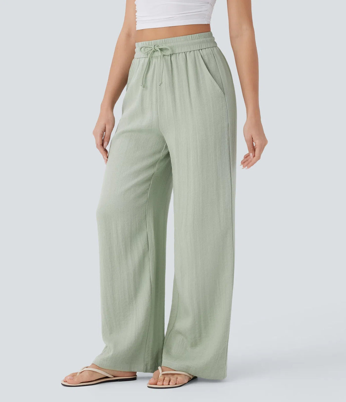High Waist Wide Leg Linen Look Pants for Women – Drawstring Casual Trousers - Sundrift