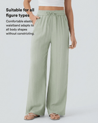 High Waist Wide Leg Linen Look Pants for Women – Drawstring Casual Trousers - Sundrift