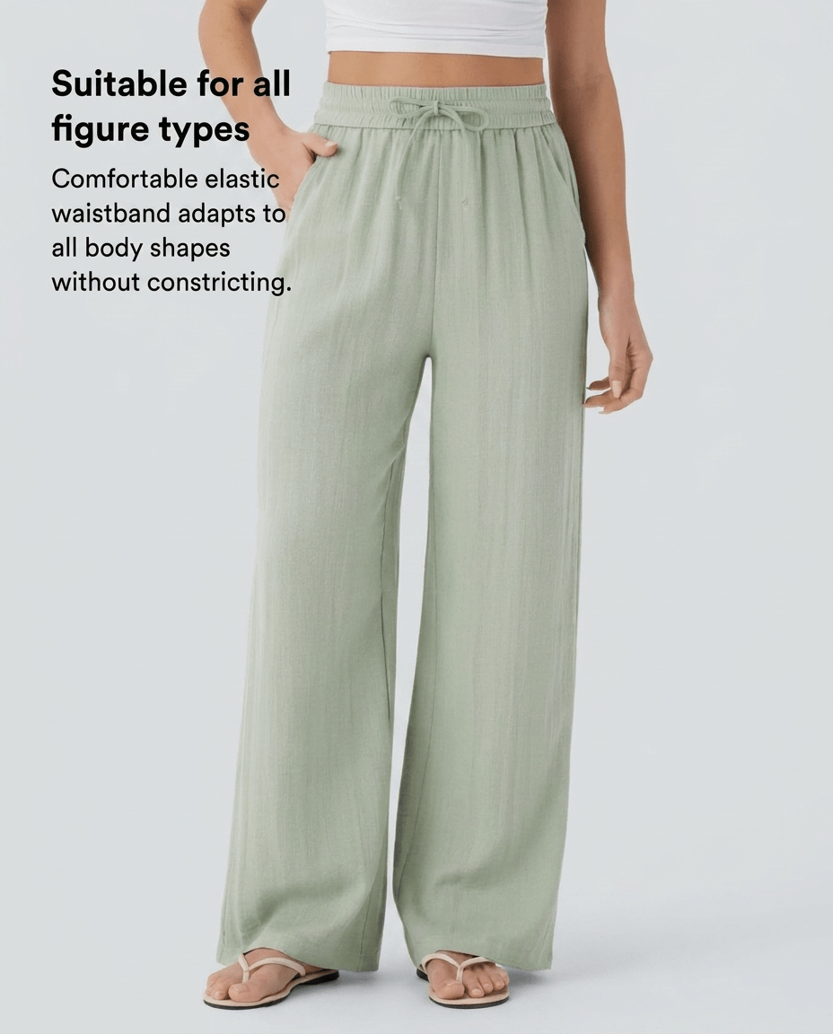 High Waist Wide Leg Linen Look Pants for Women – Drawstring Casual Trousers - Sundrift