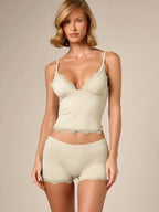 Lace Trim Cami & Shorts Pajama Set for Women – Soft Satin Sleepwear - Sundrift