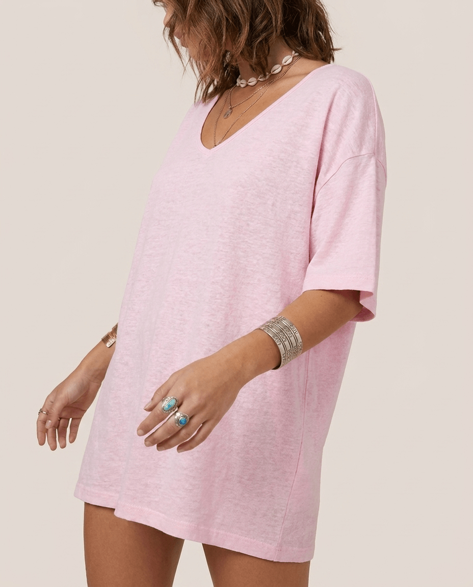 Oversized Cotton Linen T-Shirt for Women – V Neck Short Sleeve Summer Top - Sundrift