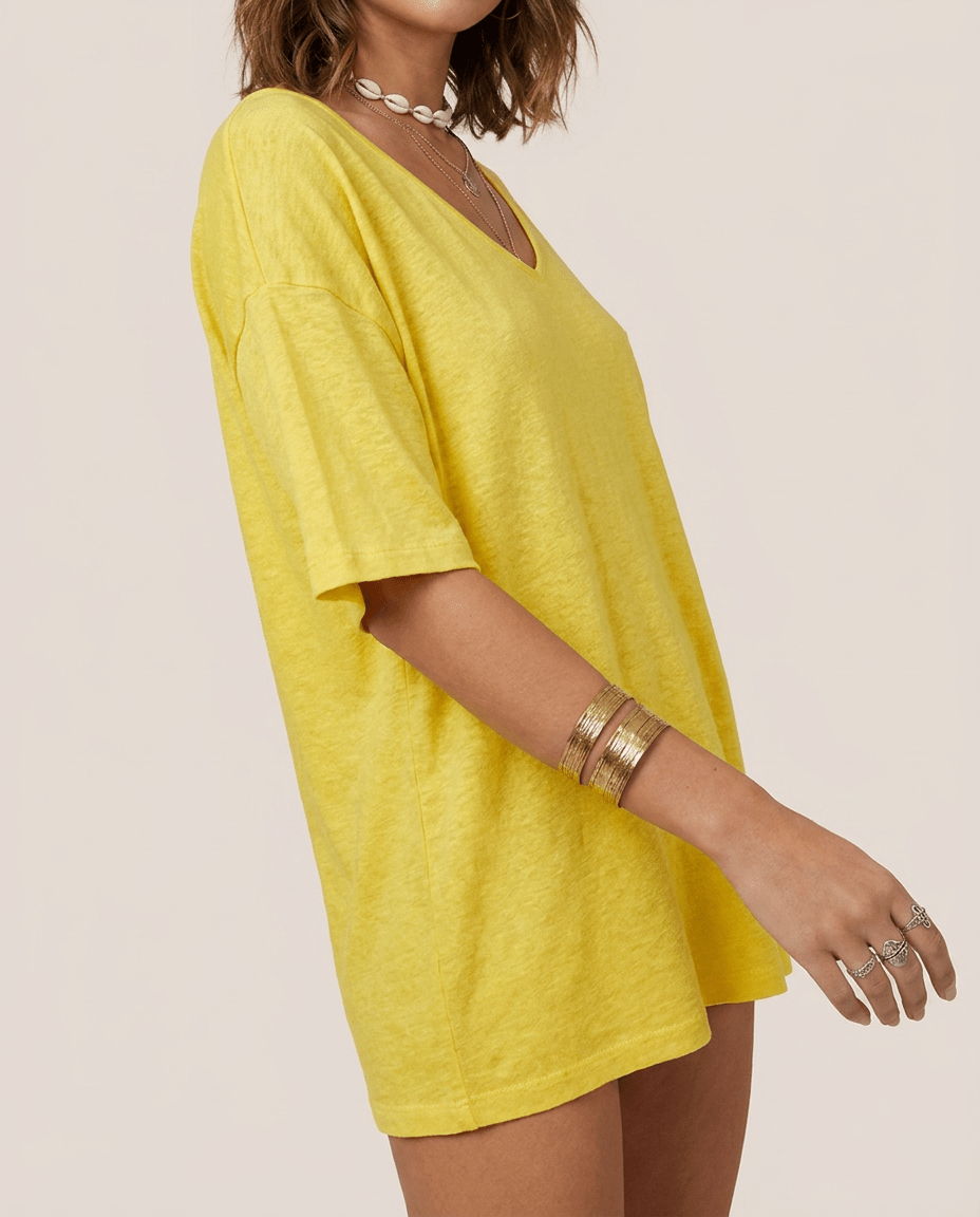 Oversized Cotton Linen T-Shirt for Women – V Neck Short Sleeve Summer Top - Sundrift