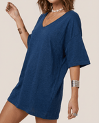 Oversized Cotton Linen T-Shirt for Women – V Neck Short Sleeve Summer Top - Sundrift