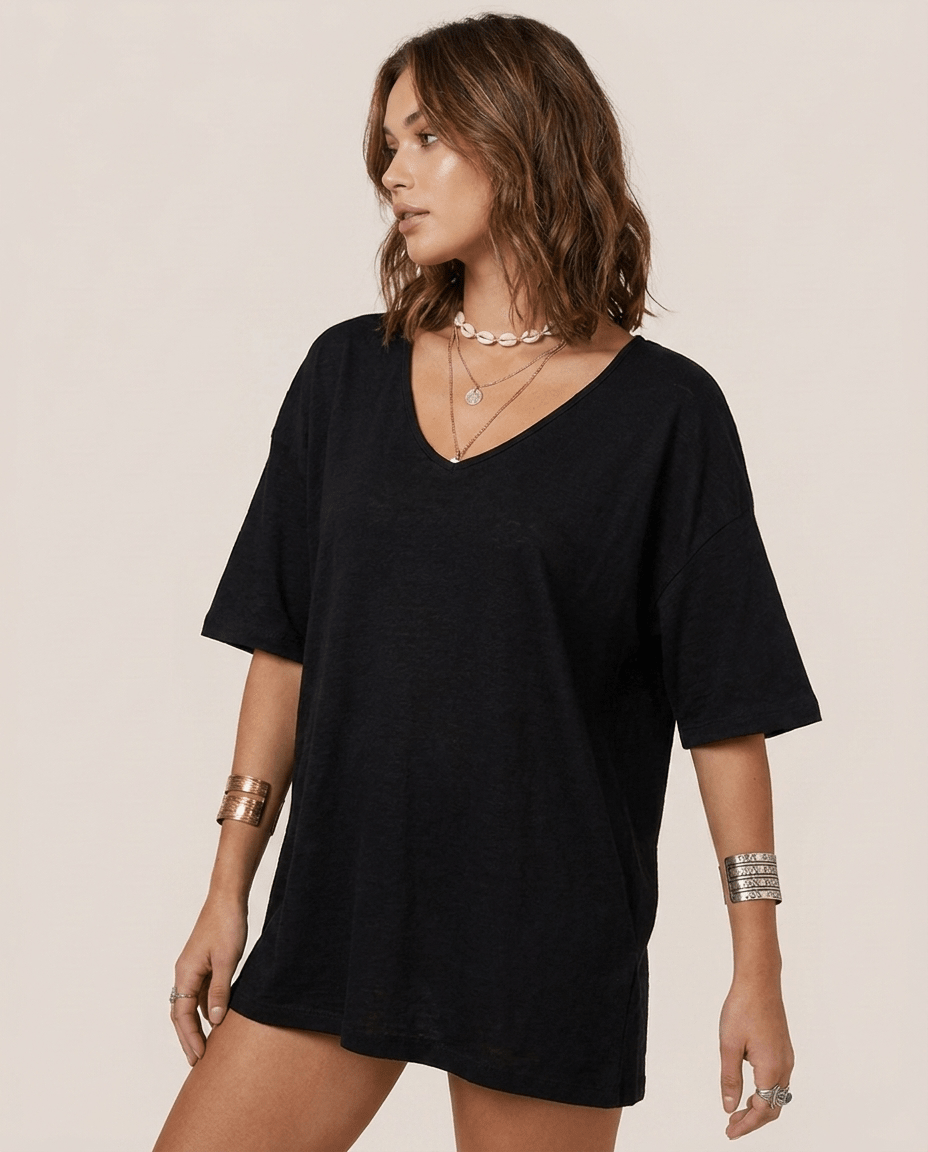 Oversized Cotton Linen T-Shirt for Women – V Neck Short Sleeve Summer Top - Sundrift